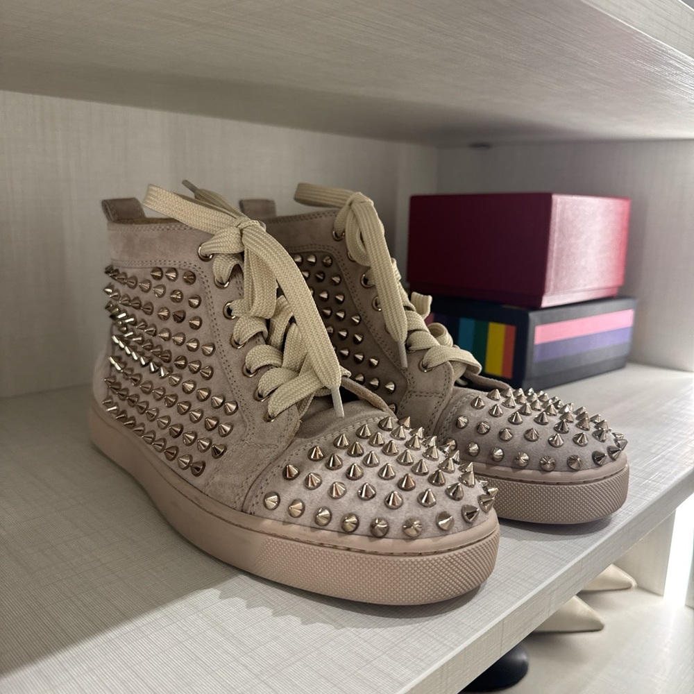 Christian Louboutin Cream suede studded high top sneakers